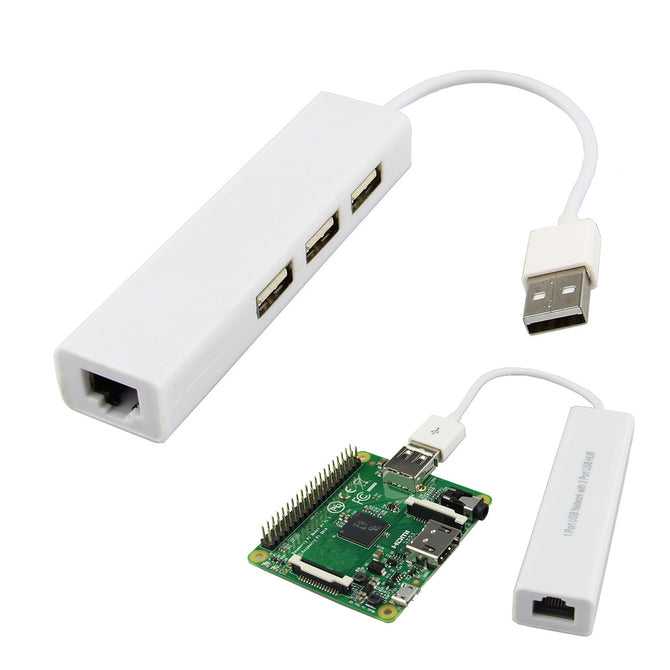 1-Port USB Network Card w/ 3-Port USB Hub for Raspberry Pi - White