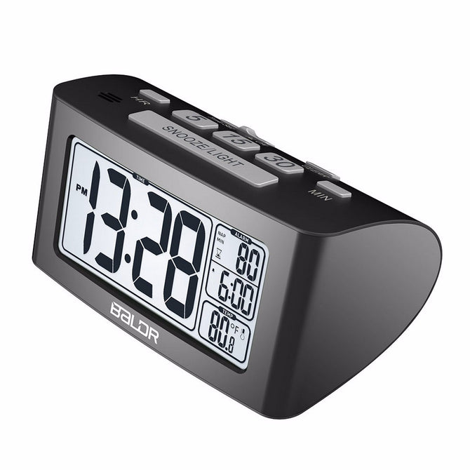 BALDR Digital Nap Timer Alarm Clock, Quick Setting LCD Temperature Display Desktop Table Clock, White Backlight Thermometer
