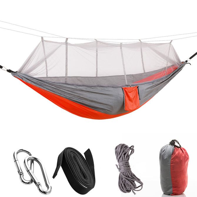 260 x 140cm Outdoors 210T Nylon Spinning Convenient Double Mosquito Net Hammock - Gray + Nacarat