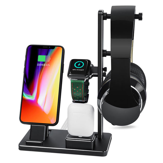 Measy 6-in-1 Apple Watch Charging Dock Station, Aluminum Headphone Stand Holder for IPHONE X, 8 - Black