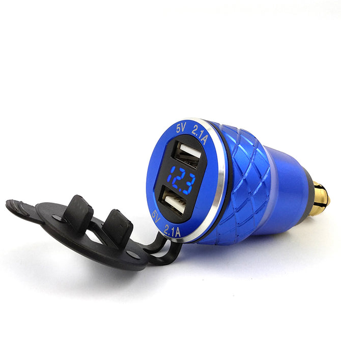 Eastor Aluminum Metal Shell Dual USB Charger w/ 4.2A Blue Light Voltmeter for BMW Motorcycle - Blue