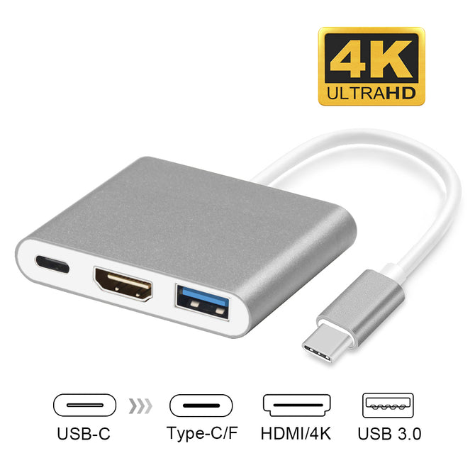 Measy USB Type-C Male to HDMI 4K, USB 3.0, USB Type-C Female Power Adapter for Macbook Pro - Gray