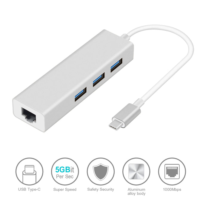 Measy USB-C Ethernet Rj45 Lan Adapter, 3-Port USB Type-C Hub with 10/100/1000Mbps Gigabit Ethernet USB 3.0 Network Card - Silver