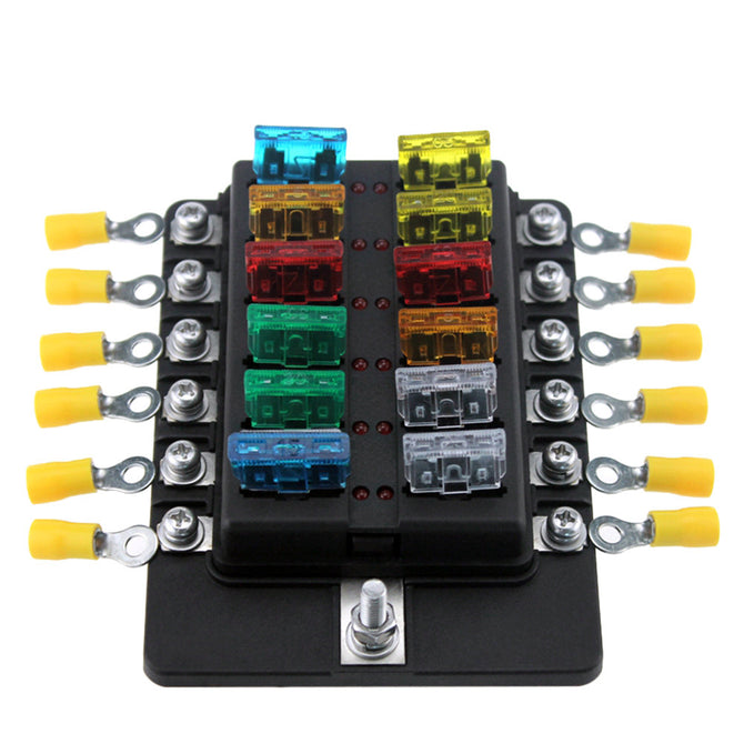 ESAMACT 32V Auto Fuse Box Holder, 12-Way Circuit Blade Fuse Box with LED Indicator and Sticker