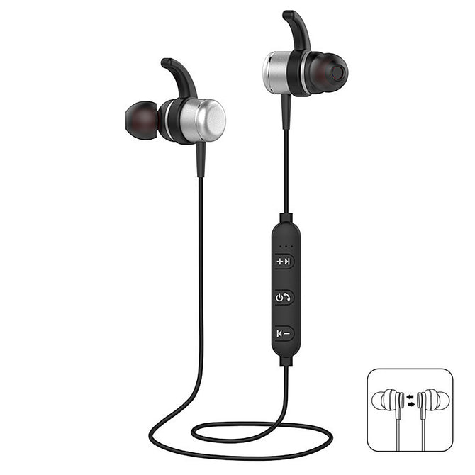 Mini Smile T1 Sport Running Magnet Metal Bluetooth Stereo In-ear Wireless Headset Earphone with Mic - Silver
