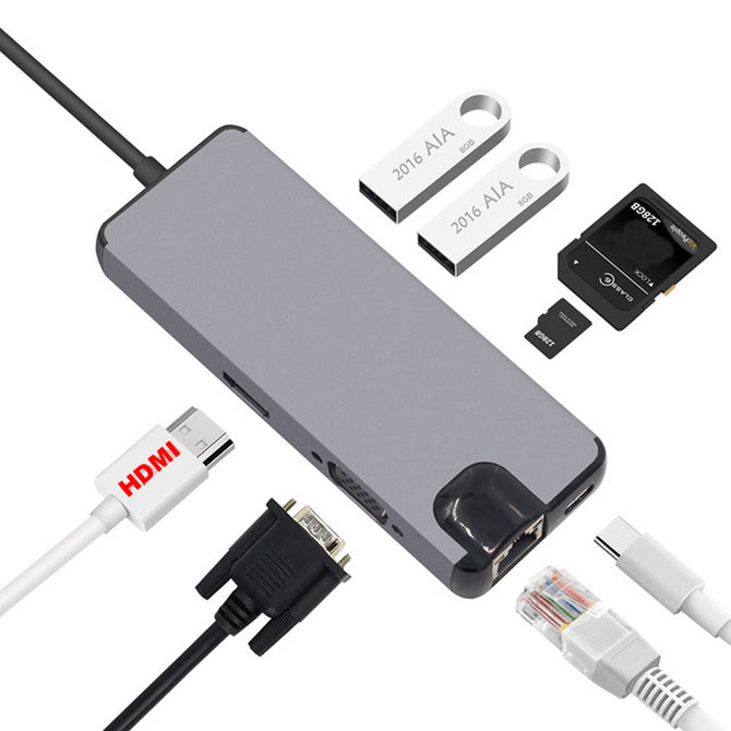 Cwxuan 8-in-1 Type-C HUB to HDMI 4K Video RJ45 Gigabit Ethernet VGA Adapter USB-C Hub SD TF Card Reader With USB-C Port