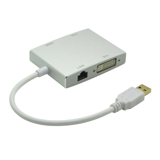 4-in-1 Multi-Function USB 3.0 to HDMI DVI VGA RJ45 Adapter 1080p HD Video Converter - Silver