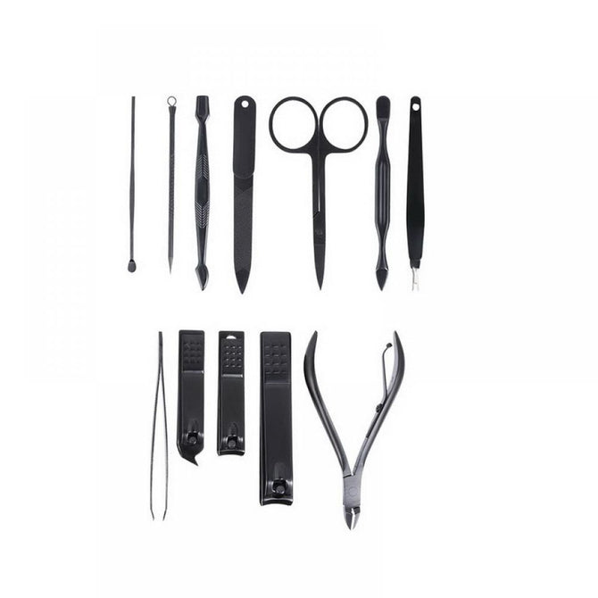 12pcs Stainless Steel Manicure Kit Nail Clipper Plier Tweezer Scissor Ear Pick Set Professional Grooming Kit Black