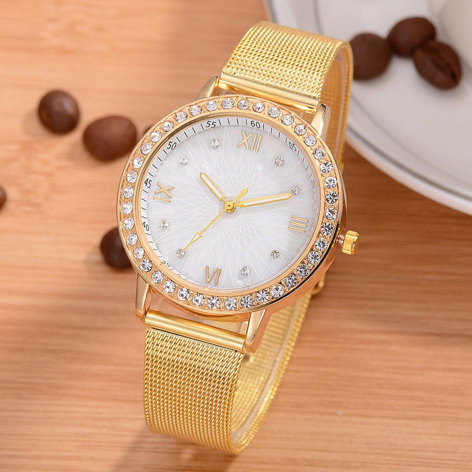 2018 New Fashion Classy Women Ladies Crystal Rhinestones Roman Numerals Gold Mesh Alloy Band Quartz Wrist Watch Silver