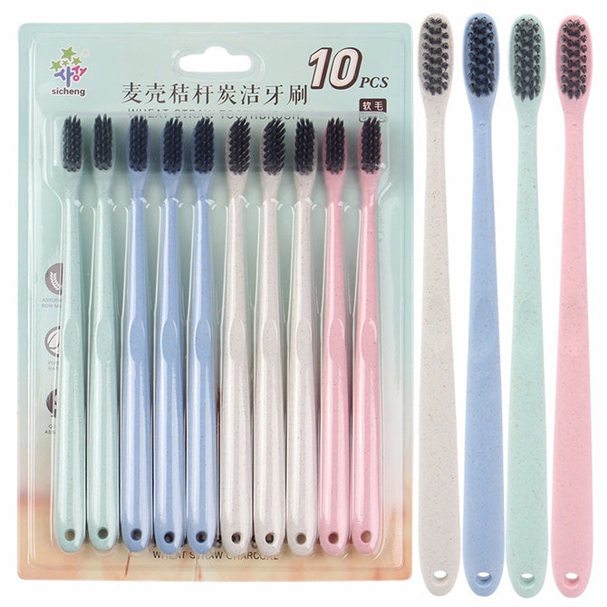10PCS/LOT Toothbrush Bamboo Charcoal Soft Nano Tooth Brush Tongue Cleaner For Kids And Adults Wheat Straw Multi-Color