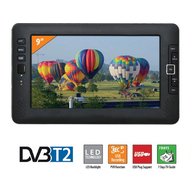 XSUNI 9 Inch Portable Car TV Home Digital DVB-T2 Television HD Channel Receiver - Black (EU Plug)