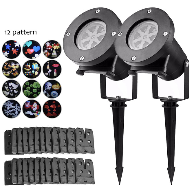 YouOKLight 4W RGBW LED Projector Christmas Decoration Lawn Lights 12 Pattern Replaceable Slides, Garden Lawn Lamp, 2Pcs, EU Plug