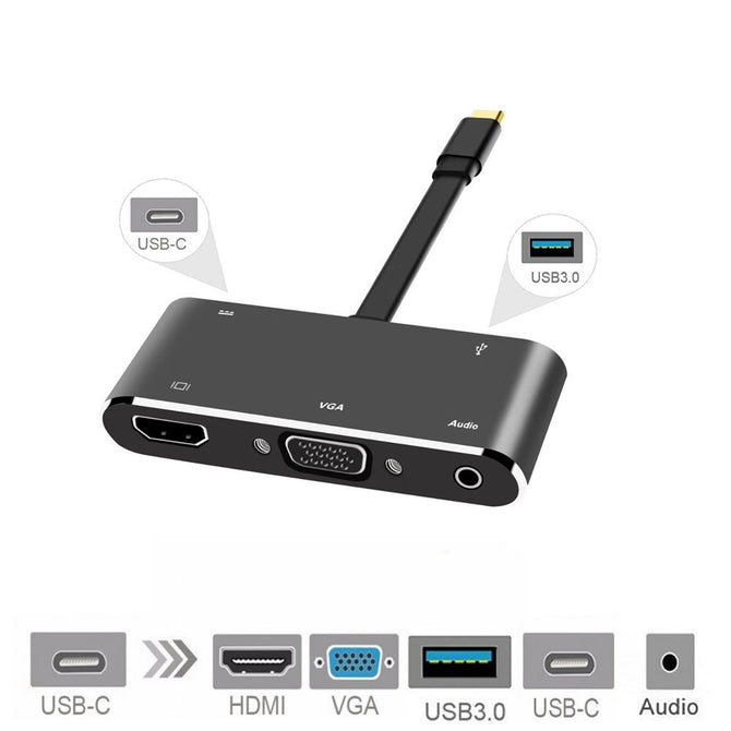Cwxuan USB C HDMI VGA Hub, Cable Deconn USB-C Type-c to HDMI 4K VGA USB3.0 USB C PD Audio 3.5mm Docking Cable Adapter