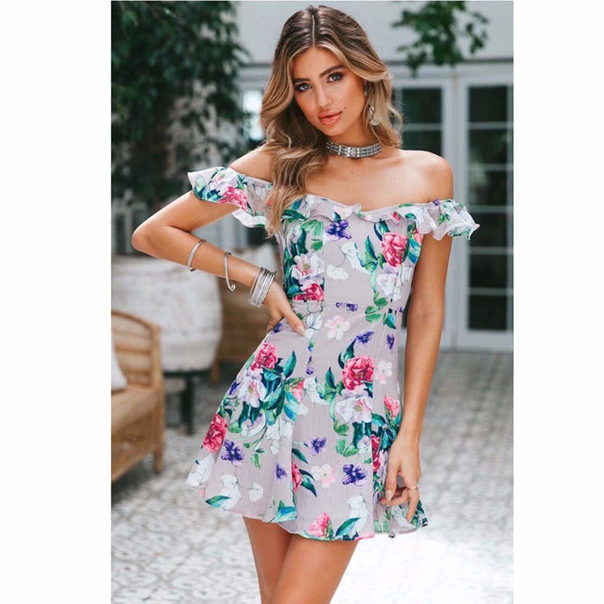 2018 Summer New Printing Flower Off Shoulder Ruffled Side Buckle Dress With Bowknot A-lineskirt White/S