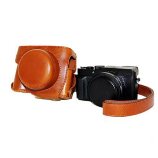 JEDX PU Leather Camera Bag Protective Shell with Strap for Panasonic LX100 - Coffee
