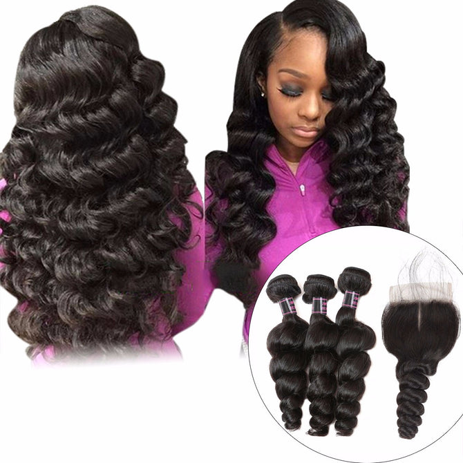 Brazilian Loose Wave Hair Bundles With Closure, 100% Human Hair 3 Bundles With Closure, Non Remy Human Hair Extensions 10 12 14 Closure 10/Three Part