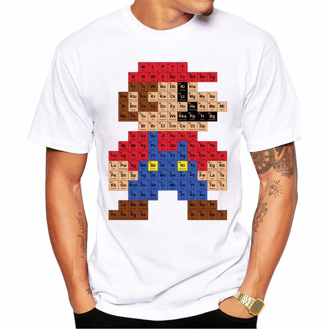 2018 Men Fashion T Shirt Hipster Printed Tee Shirts Short Sleeve Tops Super Mario Periodic Table T-Shirts White/XXXL