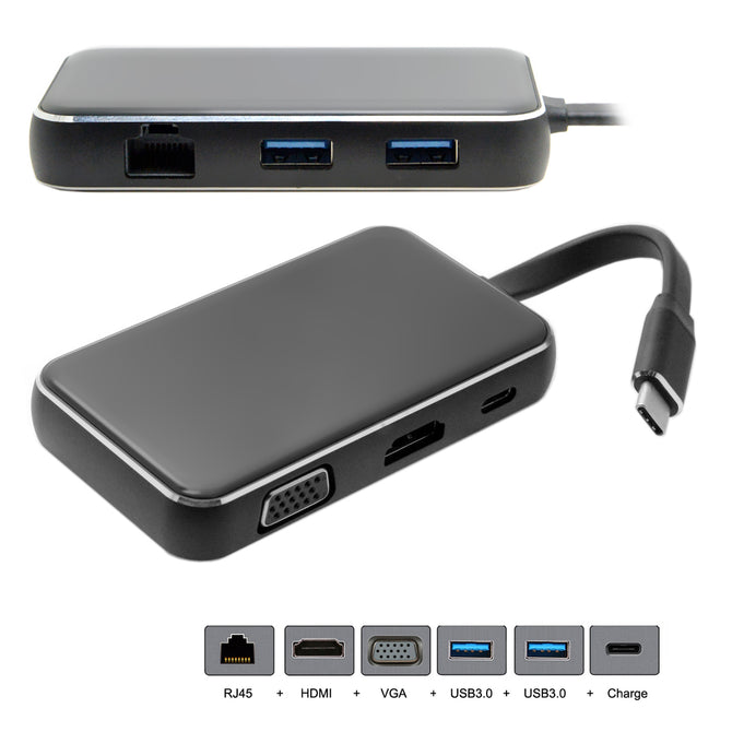 CY UC-081 USB-C USB 3.1 Type-C to HDMI & VGA & USB HUB OTG & Ethnernet & Charge Dock Adapter for Laptop - Black