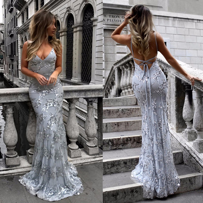 2018 Summer Women\'s Dresses Models Sexy V-neck Strap Sequin Women Sling Straps Elegant Party Long Dress Gray/M