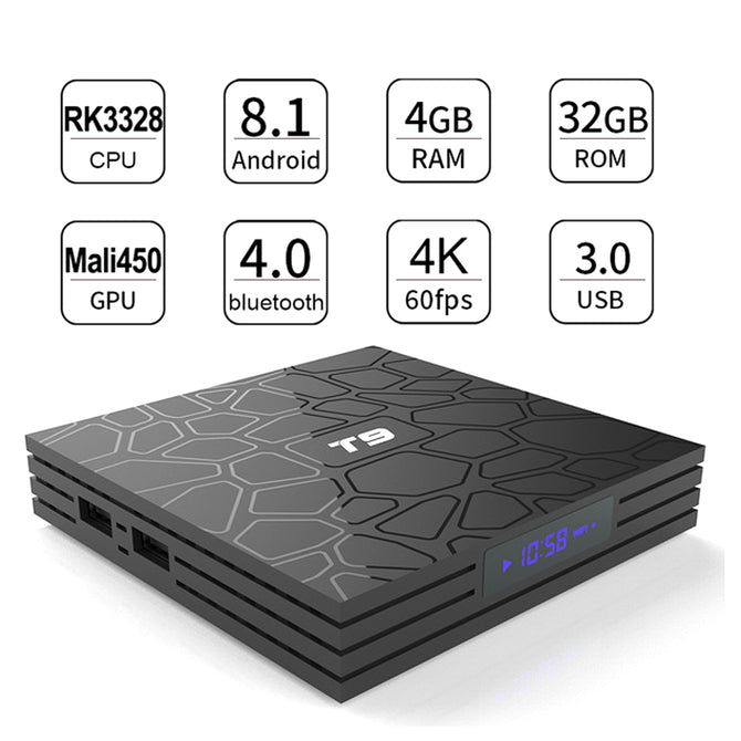 T9 RockChip3328 A53 4K KODI Android 8.1 TV Box with 4GB RAM, 32GB ROM - US Plug