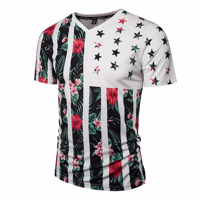2018 New Summer Men V-Neck T-Shirts 3D Printed Plant Flower Skin Short Sleeve T Shirt White/XXXL