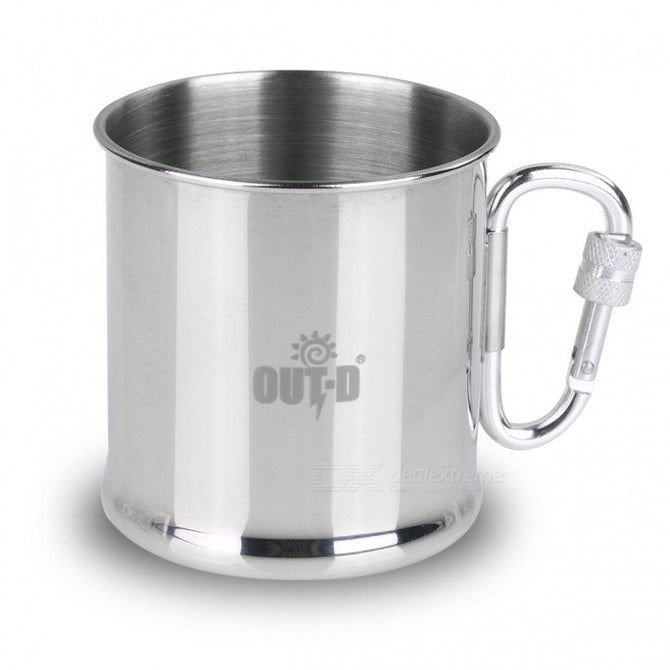 OUT-D 250ML Stainless Steel Camping Mug w/ Foldable Self-lock Carabiner Handle - Silver