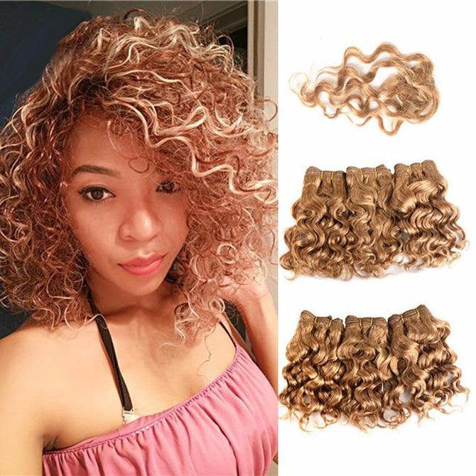 Brazilian Honey Blonde Afro Curly Wave Human Hair Bundles With Closure Short Human Hair Extensions 7 Pieces Set #27