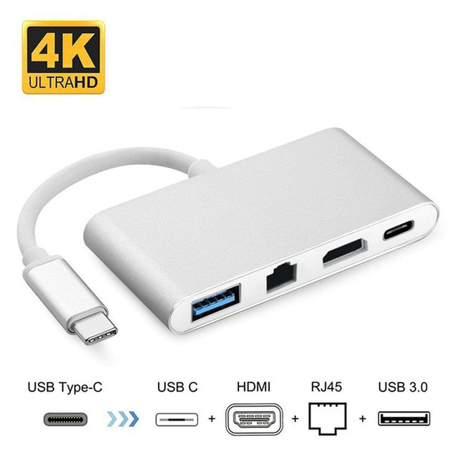 1080P 4K HD 4 in 1 USB 3.1 Type C to HDMI + HUB 3.0 + RJ45 + Type-C Audio Video Adapter For Macbook Samsung S8 - Silver