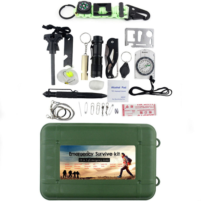 18-Piece SOS Emergency Survival Tool Box Kit With Flashlight, Compass, Flint Stone, Knife, Etc For Outdoor Camping Green