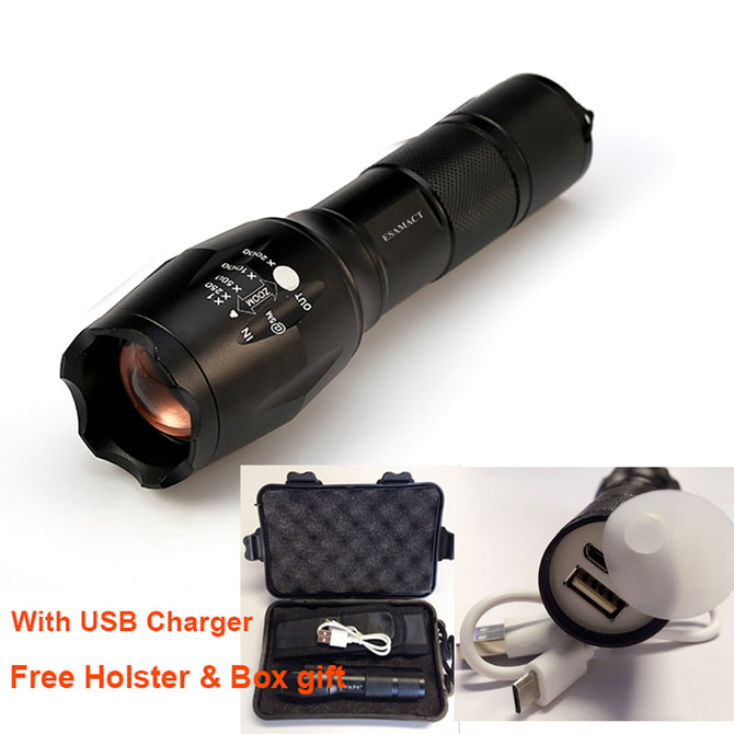 ESAMACT USB Flashlight Lantern LED CREE Tactical Torch Zoomable High Power Rechargeable LED Flashlights Lamp - Black