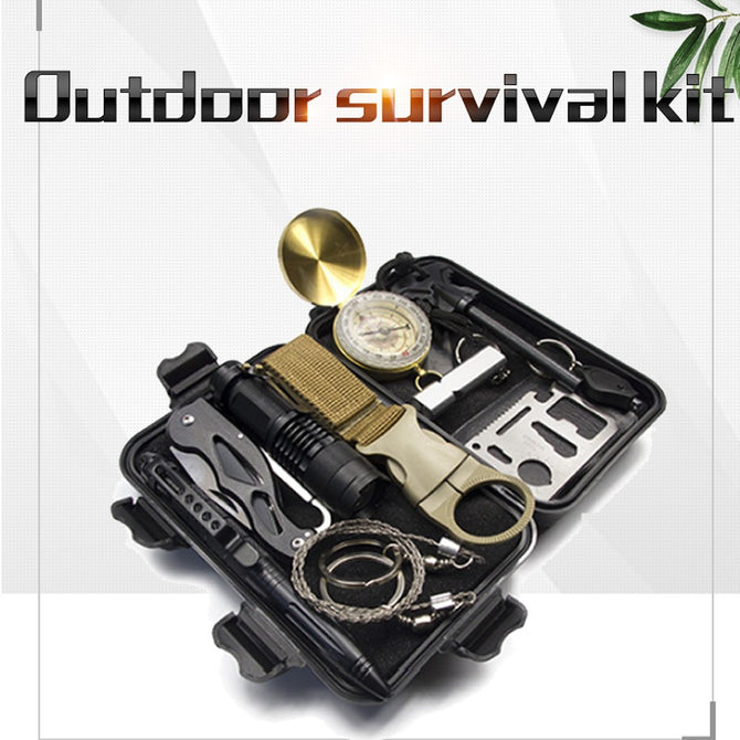 13-Piece SOS Emergency Survival Tool Box Kit With Flashlight, Compass, Flint Stone, Mini Knife, Etc For Outdoor Camping Black
