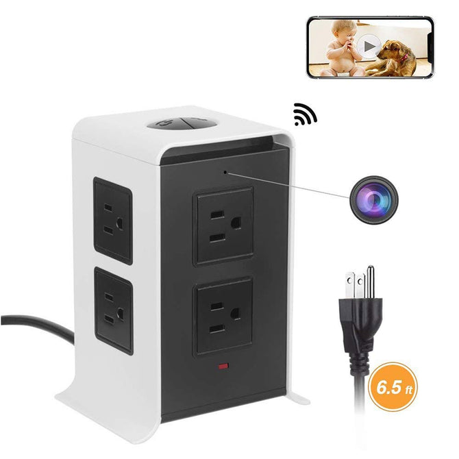 Wireless Spy Hidden Charger Camera,HD 1080P Mini WiFi Nanny Cam With Smart 8-Outlet With 4-USB Output Power Strip Black
