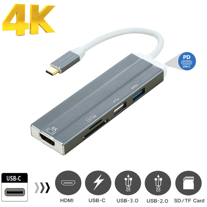 6-in-1 USB Type C HUB to HDMI 4k USB-C Adapter With PD Power Port Combo SD/ TF Card Reader, USB-C HD Video Converter