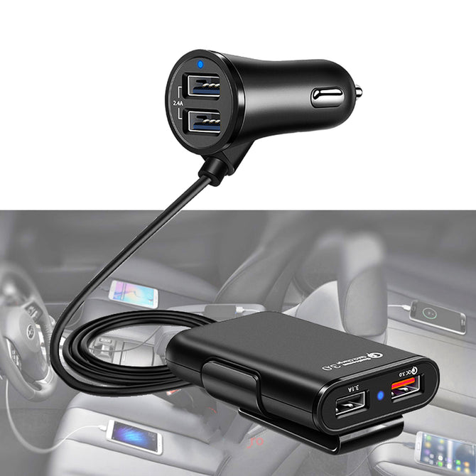 QC3.0 4 USB 8A Car Fast Charger with Extension Cord Cable