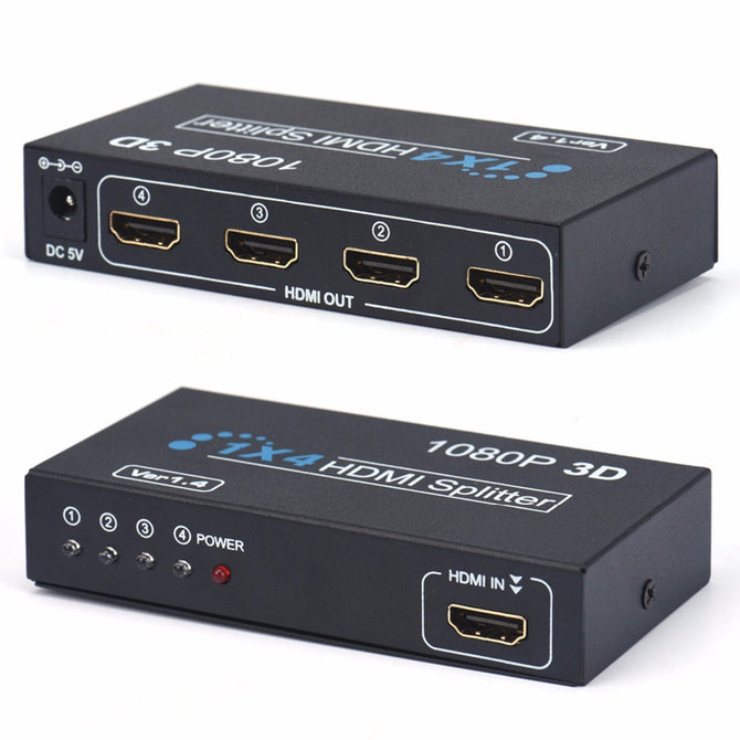 Kitbon 1 in 4 out HDMI 1.4 Splitter, 1X4 HD 1080P 3D Duplicator Amplifier Switch (EU Plug)
