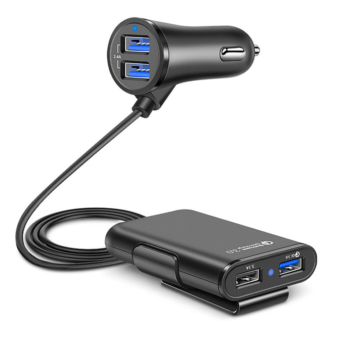 2.4A 3.1A 4 USB Ports QC3.0 Back Clipped Car Charger with 5.6ft Extension Cord Cable for Back Seat Charge