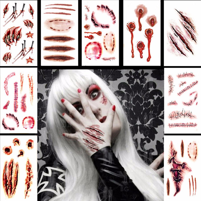 Zombie Scar Temporary Tattoo Fake Scars Bloody Costume Makeup Halloween Decoration Horror Wound Scary Sticker Light Grey