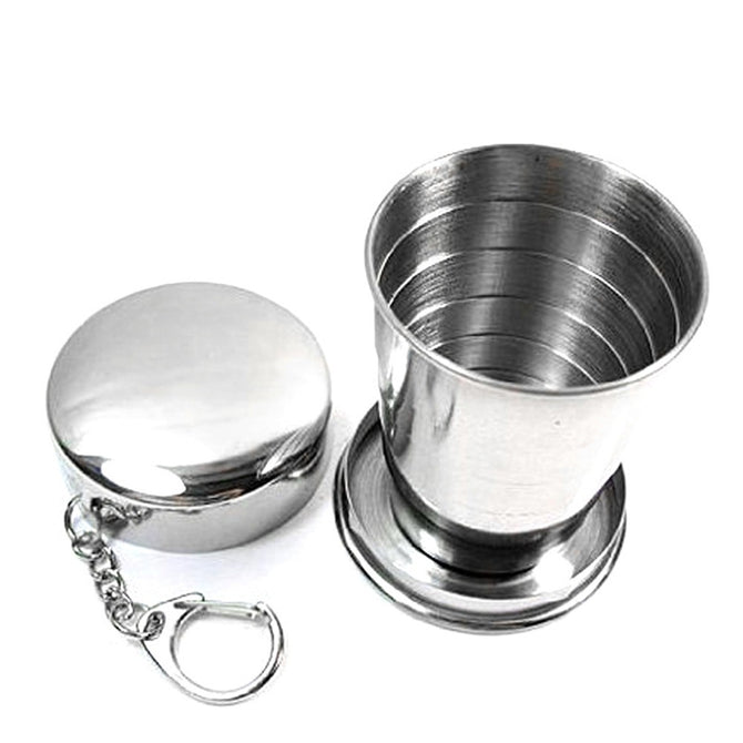 Stainless Steel Camping Folding Cup, Portable Outdoor Travel Demountable Collapsible Cup With Keychain Silver