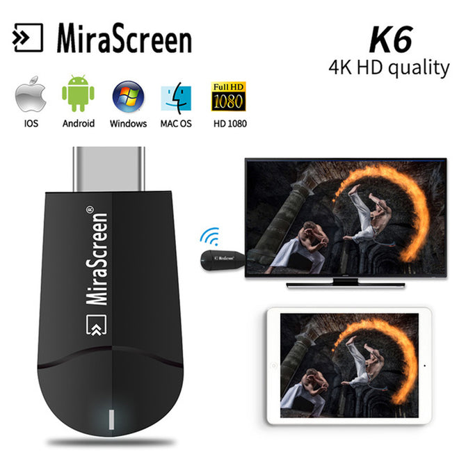 K6 Wireless Miracast Wi-Fi Display Dongle Receiver TV Stick, 4K HD Airplay Multi TV Tuner for iOS Android Mac