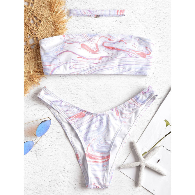 Swimwear Female Two Pieces Swimsuit Print Sexy Low Waist Women Tube Top Bathing Bikinis Set Lavender/M