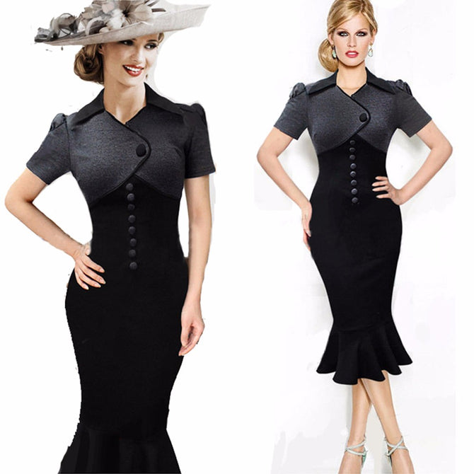 Europe And America Dress High Quality Turn-down Collar Elegant Vintage Button Mermaid Dresses For Women Black/L