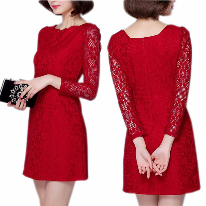 Europe And America Dress O-Neck Long Sleeve Lace Office Lady Wave Edge Slim Dresses For Women Red/XL/170