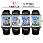 CHENXI Square Skeleton Automatic Mechanical Watch Men's fashion Leather Waterproof men's casual Watch CX-8816