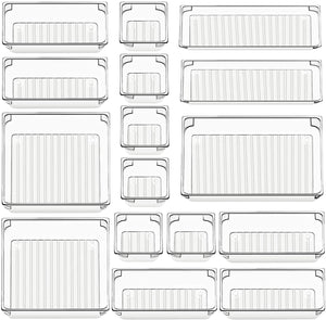 16 Pcs Drawer Organizers 5-Size Makeup Desk Drawer Organizer Plastic Bathroom Storage Bins Versatile Trays Vanity Dividers Container for Bedroom Dresser Kitchen Office