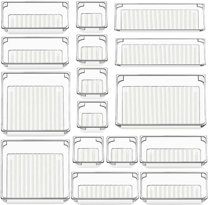 16 Pcs Drawer Organizers 5-Size Makeup Desk Drawer Organizer Plastic Bathroom Storage Bins Versatile Trays Vanity Dividers Container for Bedroom Dresser Kitchen Office
