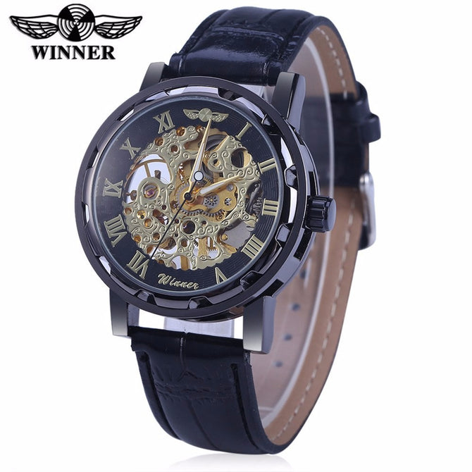 Winner Men's Fashion Roman Numerals Hollow Retro Belt manual mechanical men causal Watch SLZ37