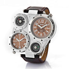 Oulm watch for men Double Time Zone Men's leather Watch Large Dial Compass Quartz watch HP9415