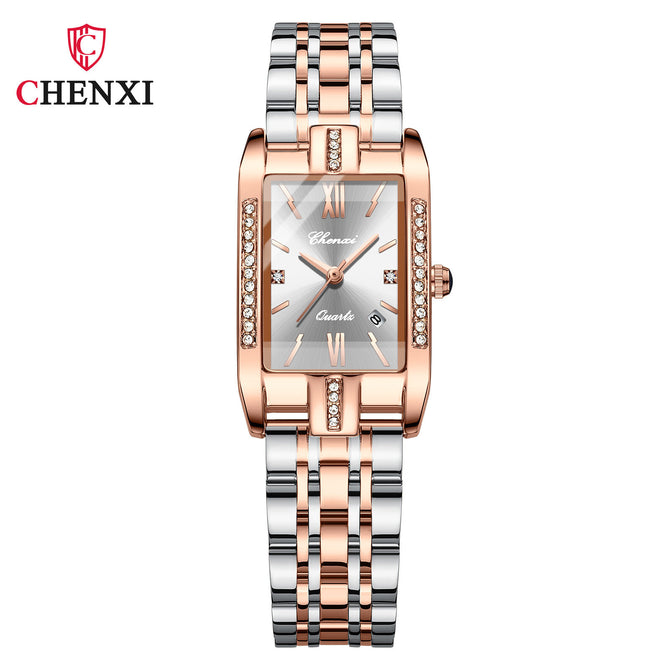 Chenxi New Square Ladies Watch Quartz Calendar Solid Steel Band Waterproof Belt Diamond Fashion Women's Watch CX-315