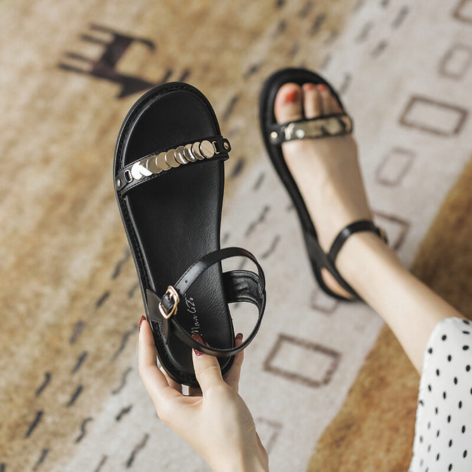 Roman sandals women's 2022 summer new all-match flat shoes sequins soft bottom one word belt sandals women 8500-19