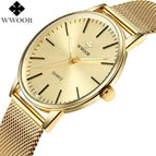 WWOOR 8832 Men Simple Slim Quartz Watch Gold Steel Mesh Ultra Thin Men Watches Luxury Brand 50M Waterproof Male Wrist Watch Golden Clock